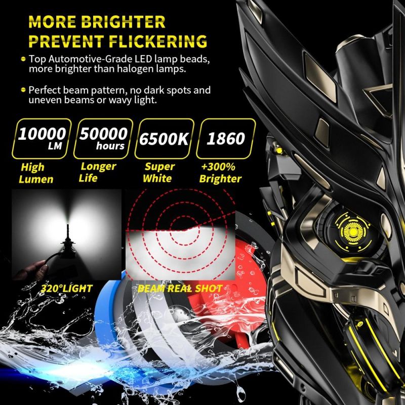 Dxz H11/H9/H8 LED Headlight Bulbs 50W 10000 Lumens Super Bright LED Headlights Conversion Kit 6500K Cool White IP68 Waterproof 1860