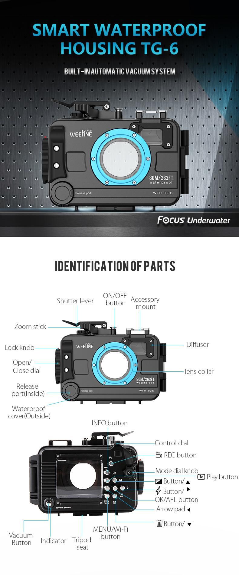 Waterproof Deep to 80m 263feet Camera Housing for Underwater Taking Photos