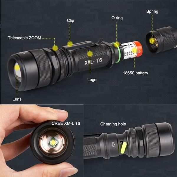 Waterproof Zoomable Tactical Hunt Aluminum LED Flashlight