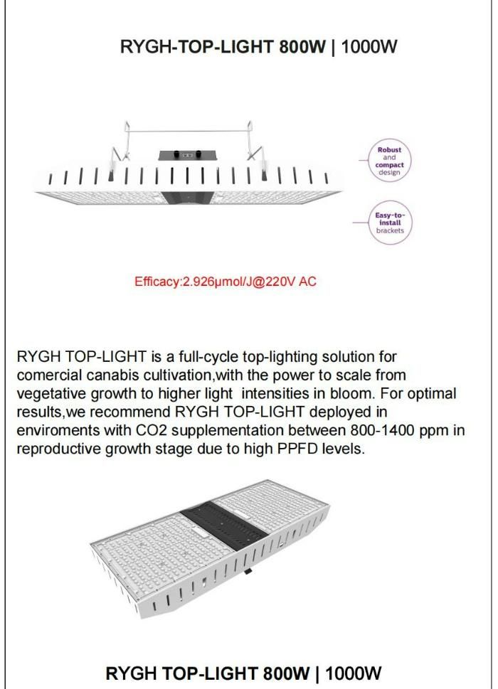 High Performance Rygh 800W Top Light Greenhouse LED Grow Lighting Top-800wf