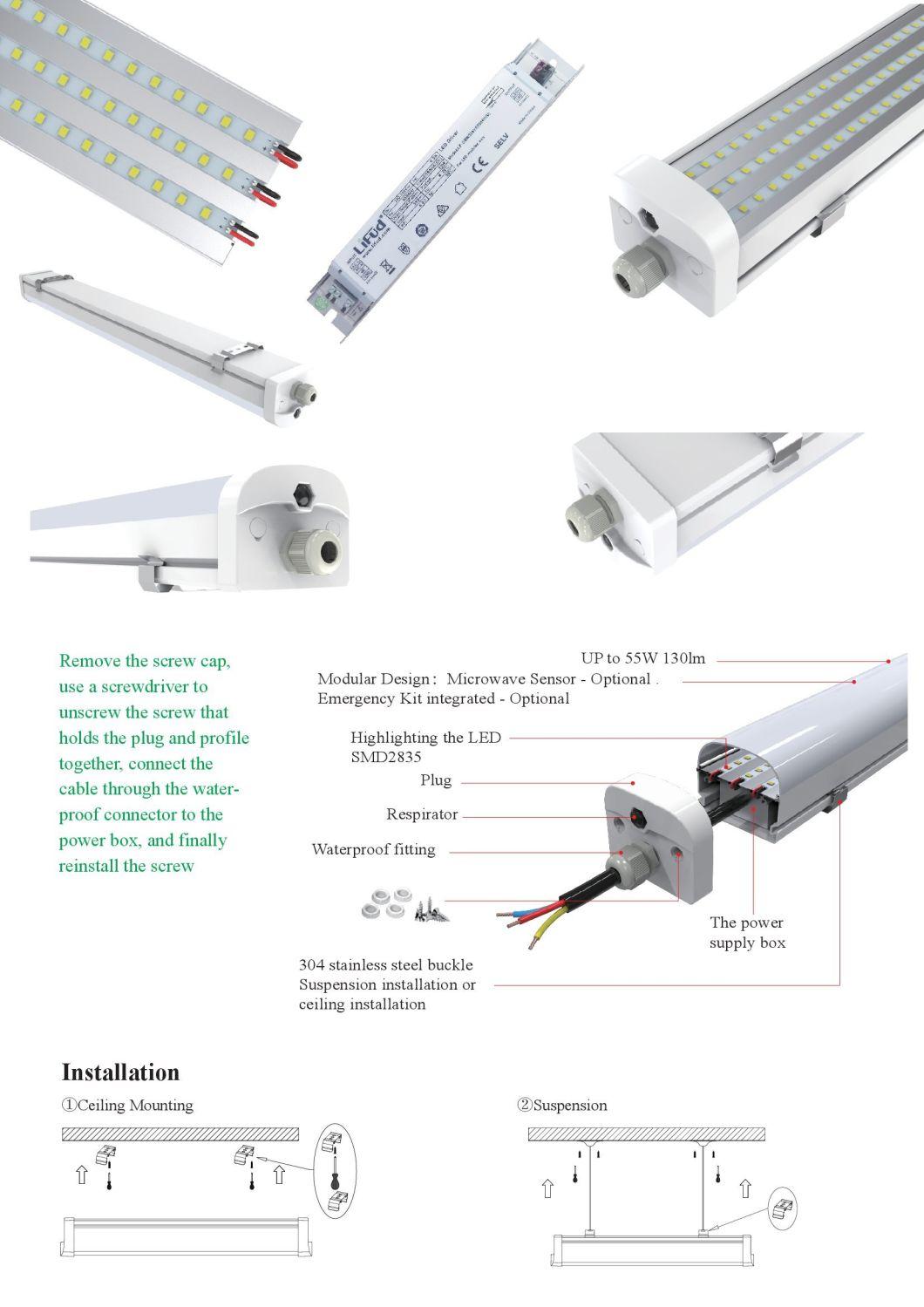 Vapor Tight LED Linear Light Fixture 1.2m 40W Tri-Proof IP65 Tube Lamp