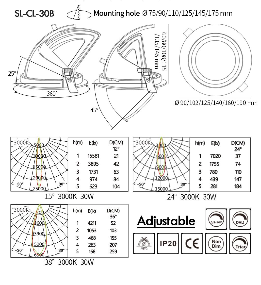 30W 360 Degree Rotatable Hole 145mm LED Gimbal Trunk Downlight