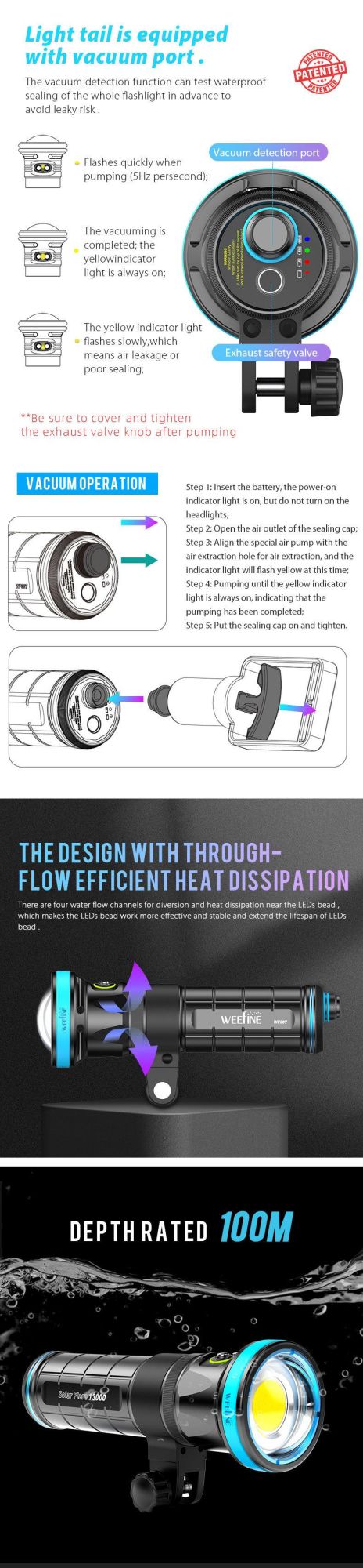 Photography Underwater Flashlight with Patent Design Battery Level Color Indicator