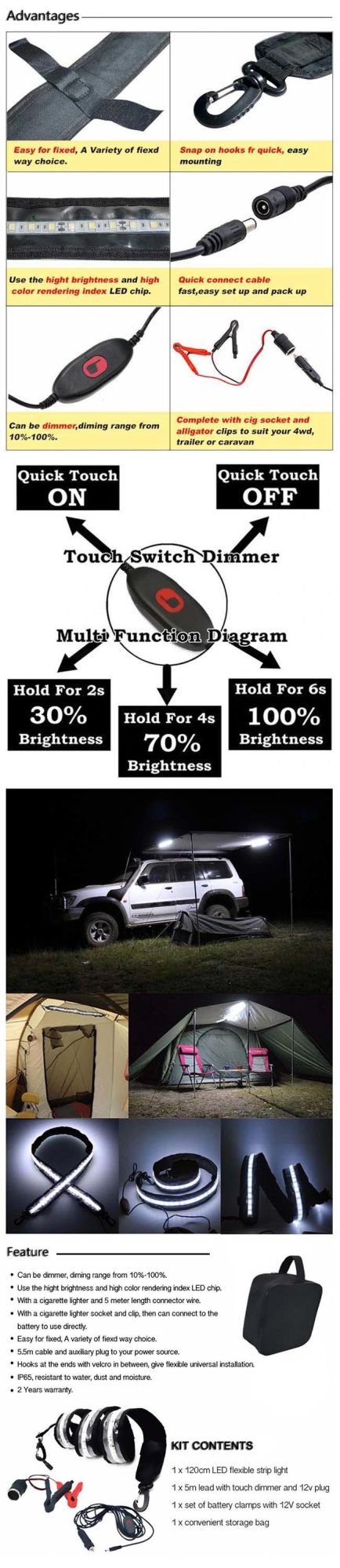 12V High Quality Outdoor Camping LED Flexible Strip Work Lights for Tent
