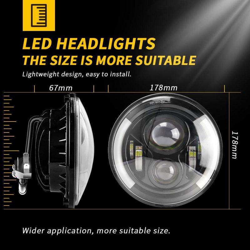 Dxz 7inch 6LED C Shape Thick Waterproof Hi/Low H4 H13 Light Halo Angle Eyes LED Headlamp for Jeep Lada