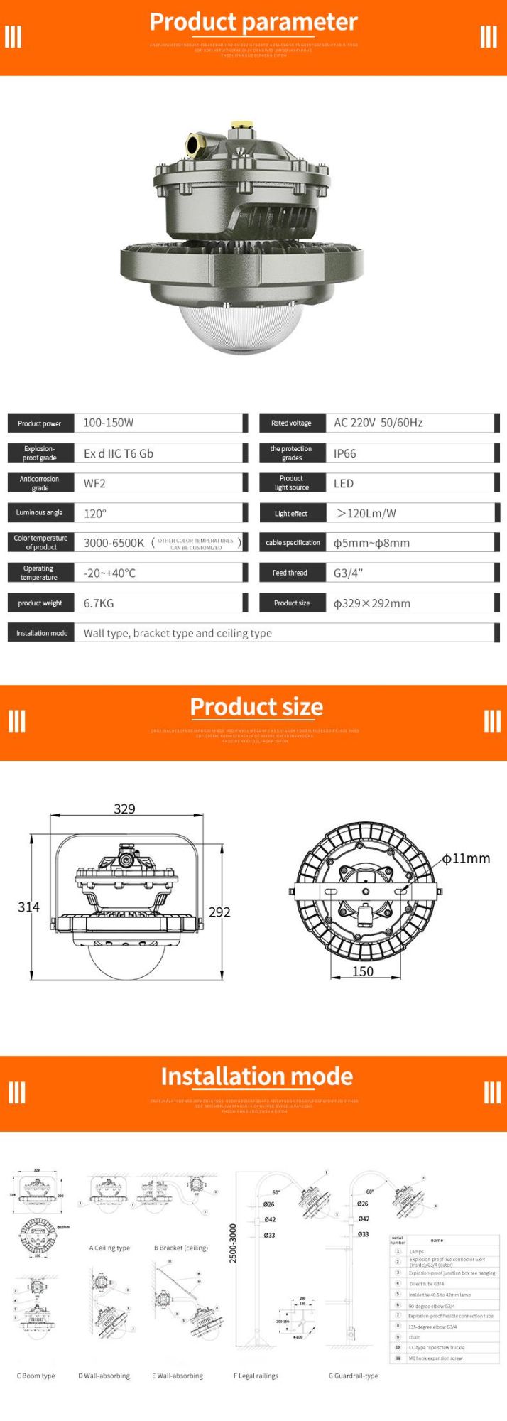 100W 120W 150W Atex Wall Mount Pendant High Bay Lamp