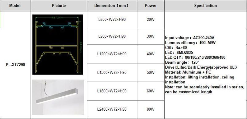 Good Quality 2400*72*90mm LED Linear Light 80W with 3 Years Warranty