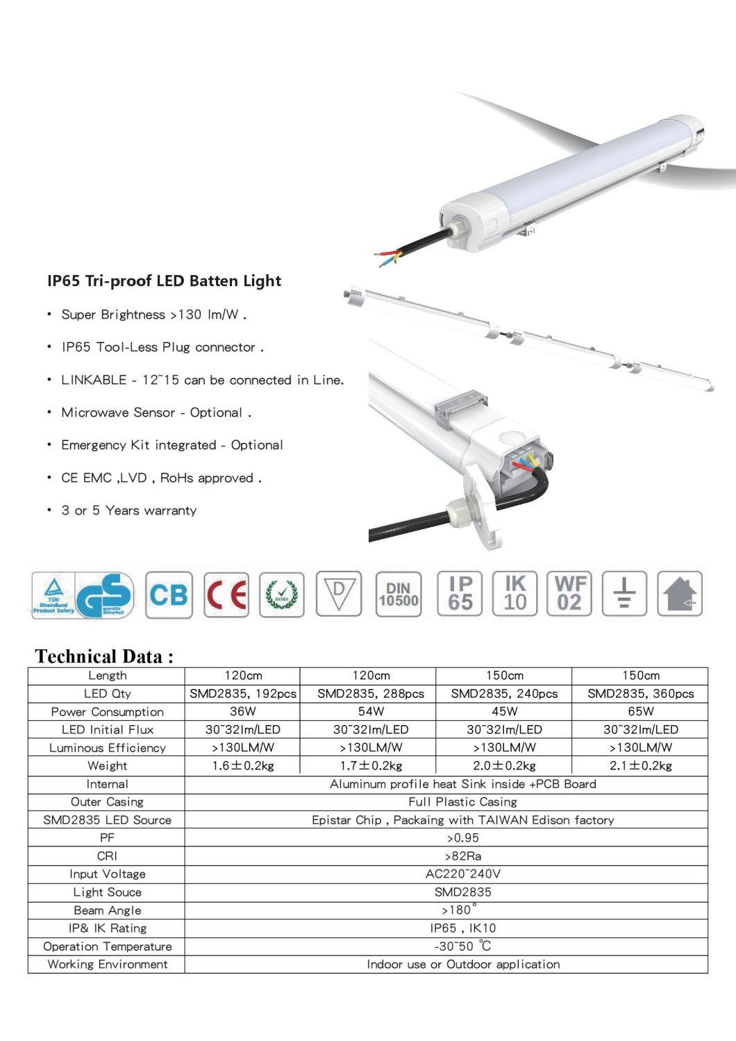 IP65 Lampara Prueba De Vapor Ajustado LED 40W 1.2m Impermeable