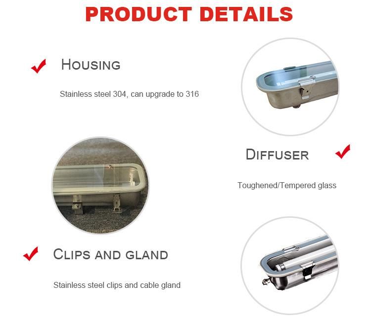 LED Triproof Light Stainless Steel Housing IP65 Single Double Fluorescent