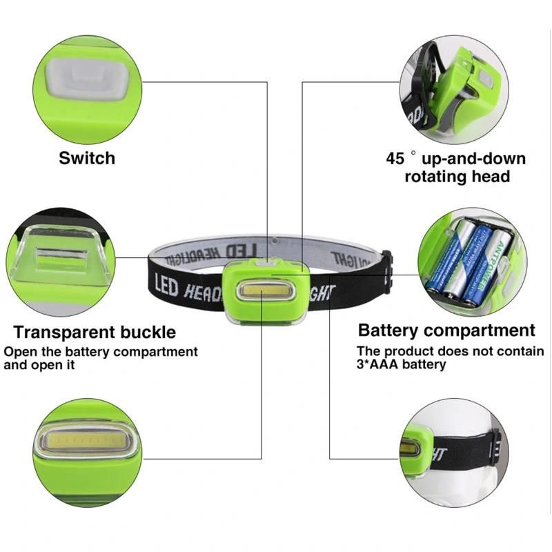 Battery Powered COB LED Head Torch Lamp 3 Flashing Mode Headlight Angle Adjustable Rotating Head Torch Light Portable Camping Emergency LED Headlamp