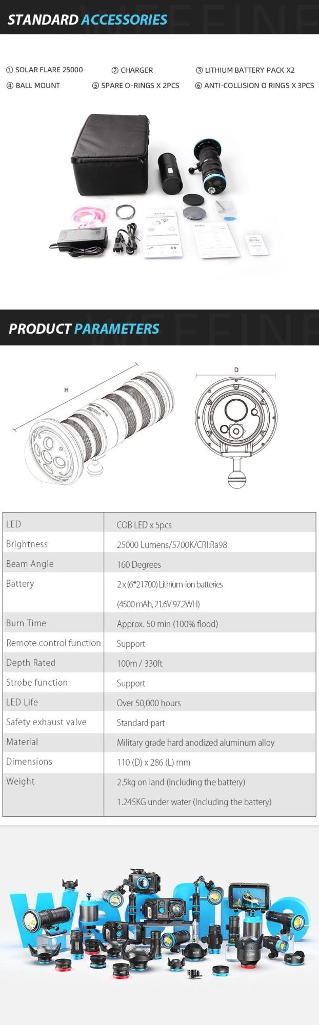 Super Wide Beam Angle Underwater 100 Meters Professional Underwater Equipment Diving Photography Light with Wide Lens