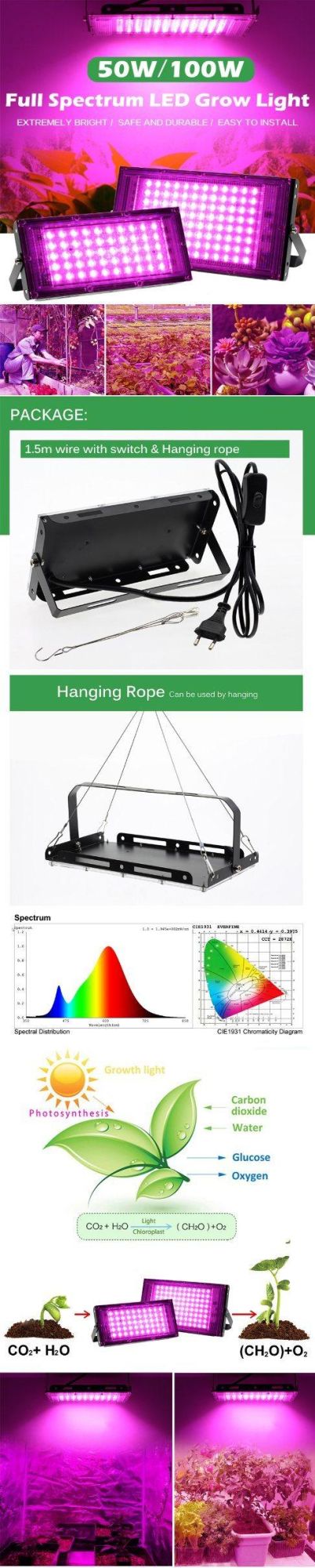 High Effect Greenhouse Grow Lamp COB Horticulture Grow Light 50W 100W Full Spectrum 380-840nm LED Grow Light