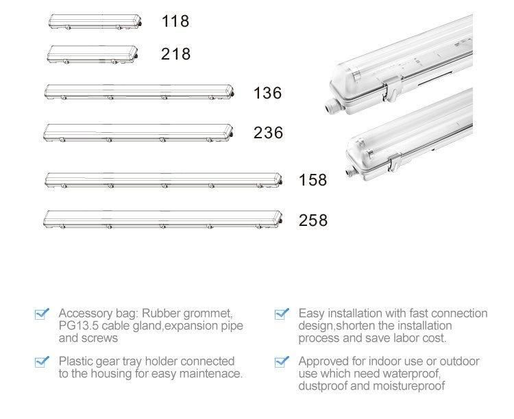 IP65 T8 Weatherproof Light Bracket with Ce RoHS & UL