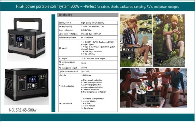 500W Solar Power Generation System Portable Household Outdoor Charging Station