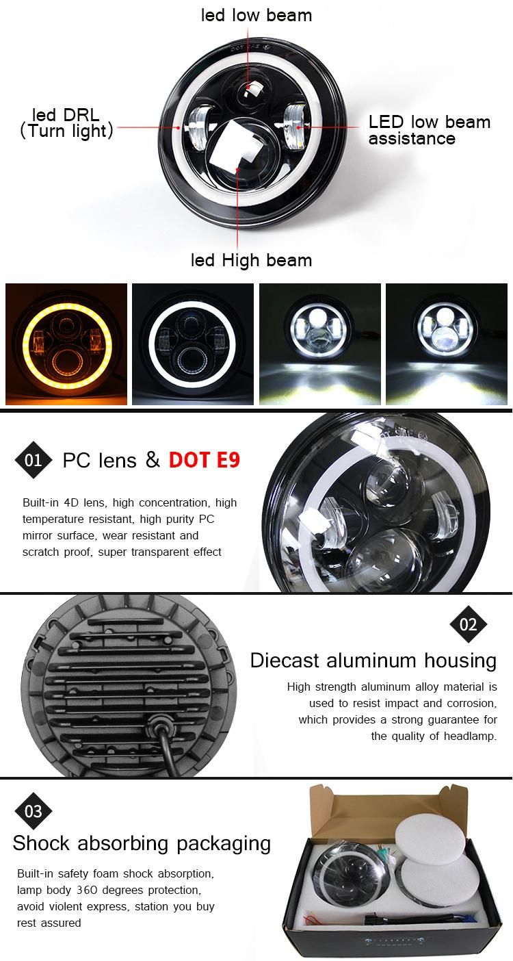 Amber Angel Eyes High Low Beam 50W/30W Halo Ring 7 Inch Round LED Headlights for Motorcycle