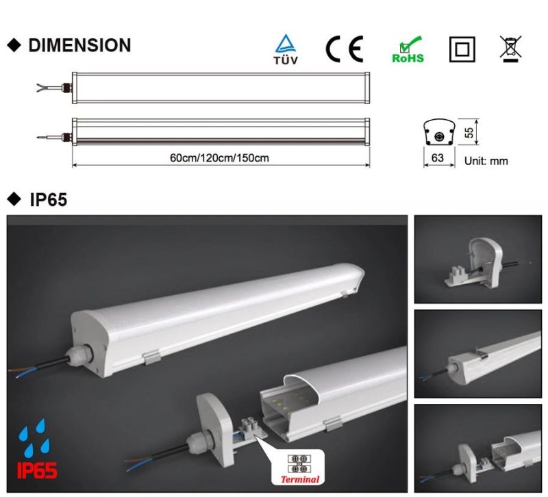 SMD2835/3V/150mA/0.5W IP65 120cm LED Tri Proof Light