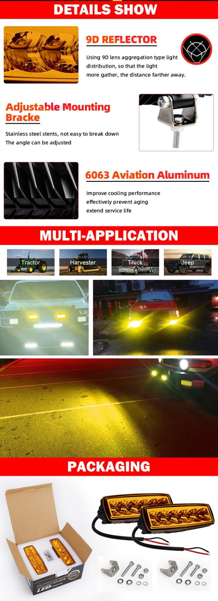 Super Bright 9d Car LED Lights, 6 Inch 30W 4X4 Auto off Road White Amber Slim LED Work Light Bar for Truck