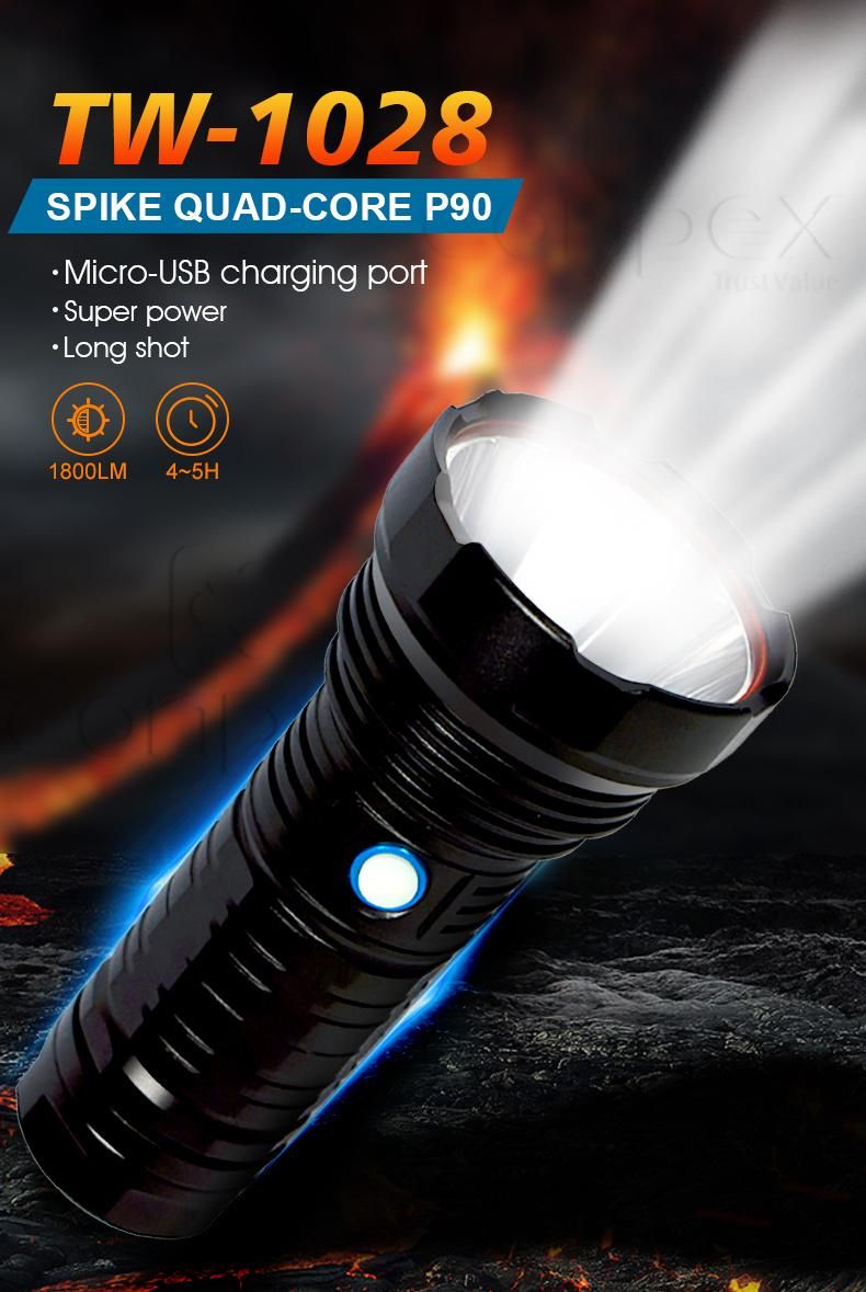 Conpex Multi-Functional Outdoor Lighting USB Rechargeable 18650 Battery Power LED Flashlight Tw 1028