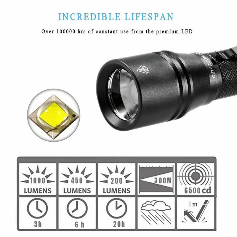 Super Bright Outdoor Torch LED Flashlight for Camping Emergency Aluminum 18650 Xml T6 LED Flashlight USB Rechargeable Zoom Flashlight
