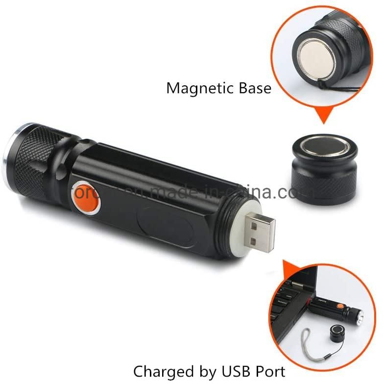 Wholesale USB Rechargeable LED Mini Handheld Torch Light Magnet Adjustable 4 Modes Zoomable LED Torch Lamp Waterproof Bright Tactical Flashlight