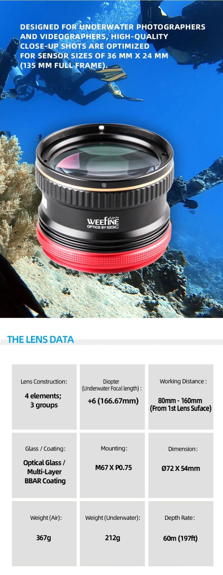 Underwater Camera Lens for Close-up Shooting in a Very Short Object Distance (30mm-53mm)