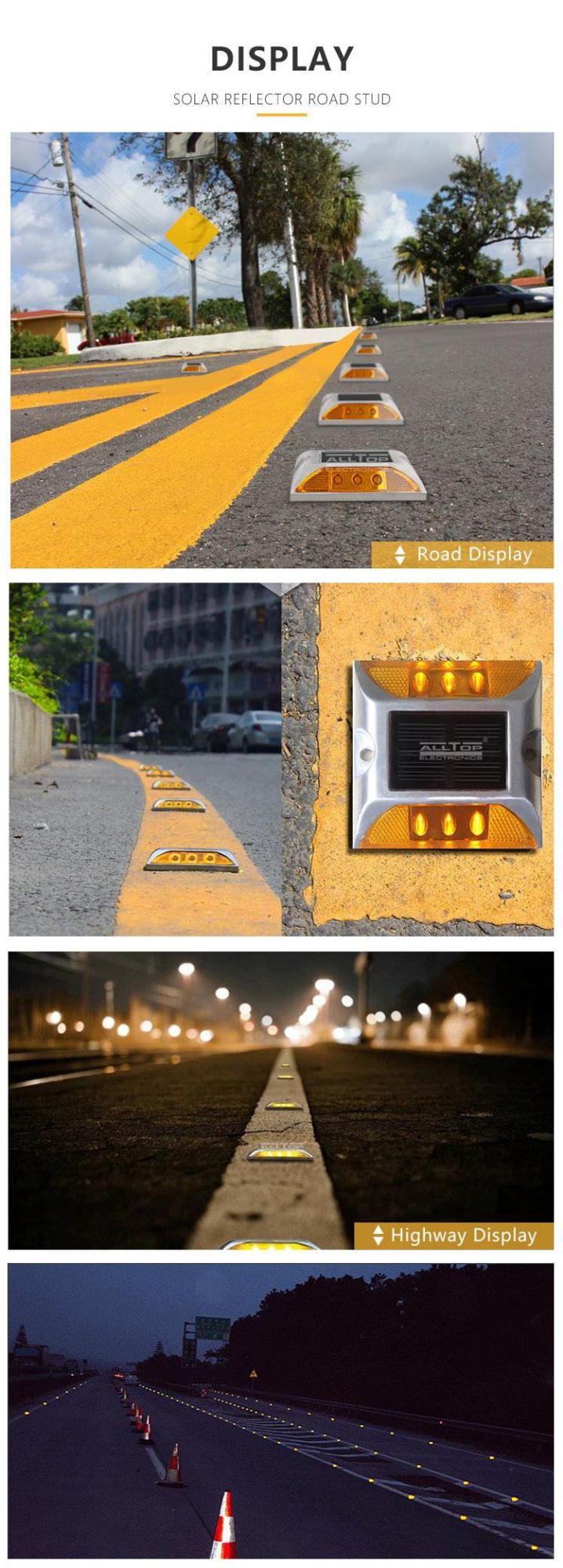 Alltop Hot Sale IP65 Waterproof Solar Charging Aluminum Outdoor Solar Road Stud LED Reflector