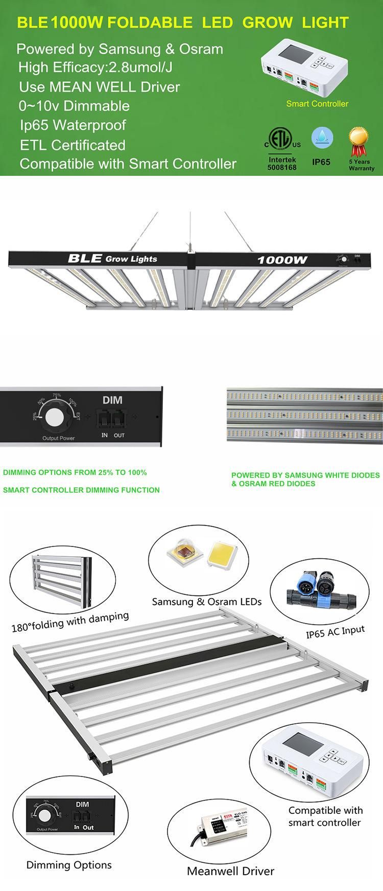 Greenhouse Indoor Garden for Medical Plant High Ppfd 640W/800W/1000W Hydroponic System Full Spectrum LED Grow Light