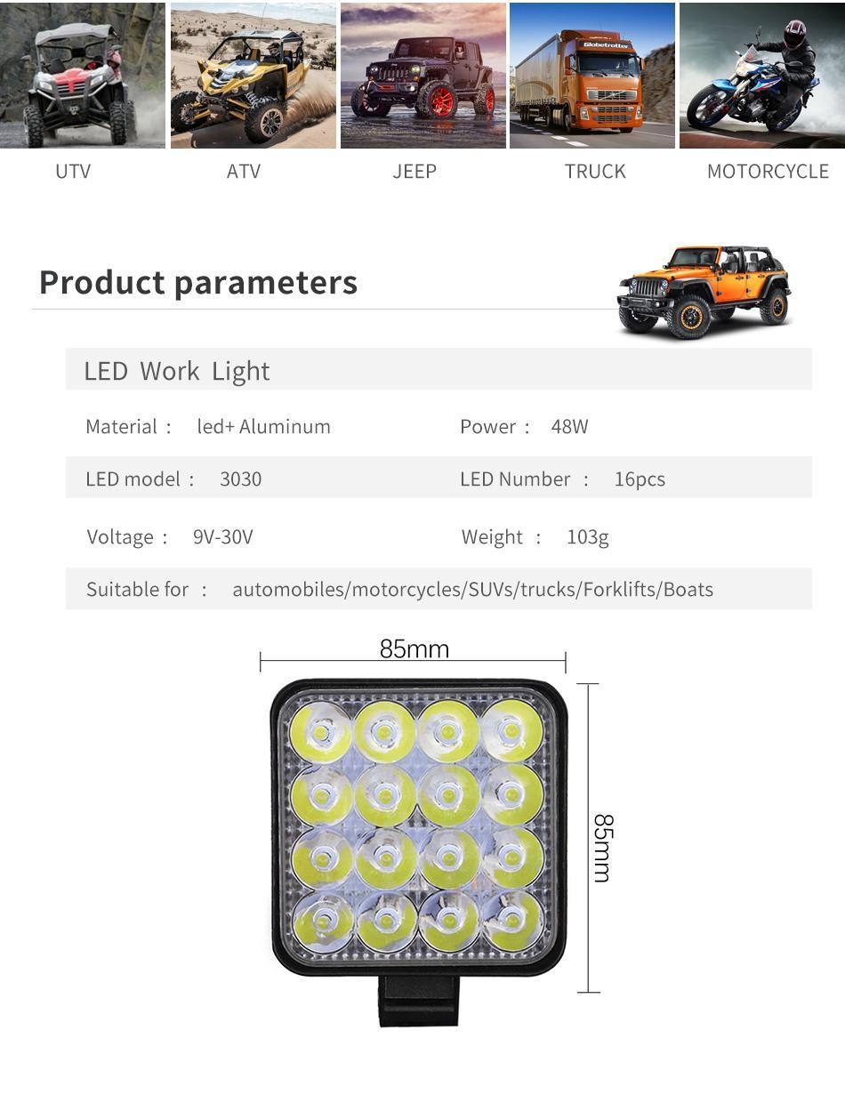 Dxz Hot Sale Square 48W 16LED 6000K 4800lm Square Waterproof LED Work Light for off-Road SUV Boat 4X4 Jeep Jk 4WD Truck