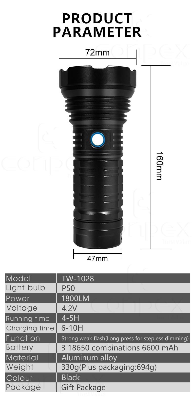 Conpex Multi-Functional Outdoor Lighting USB Rechargeable 18650 Battery Power LED Flashlight Tw 1028