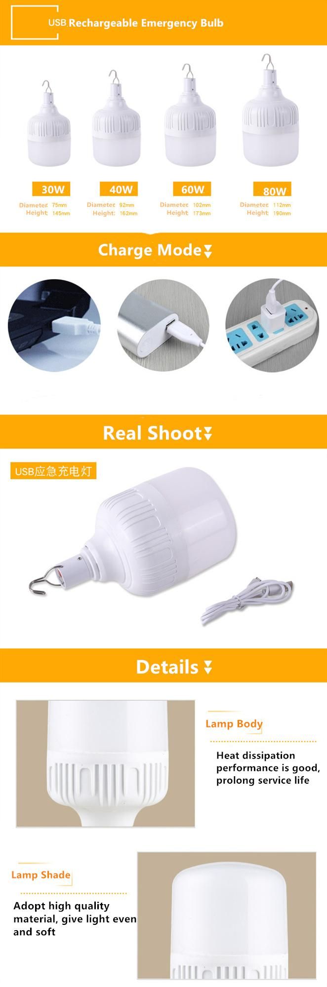 LED Emergency Bulb USB Charged Stall Street Vendors Outdoor Camping Ce RoHS