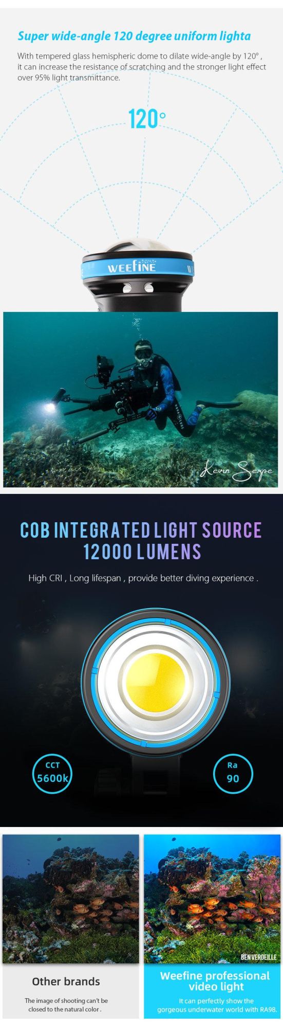 Photography Underwater Flashlight with Patent Design Battery Level Color Indicator