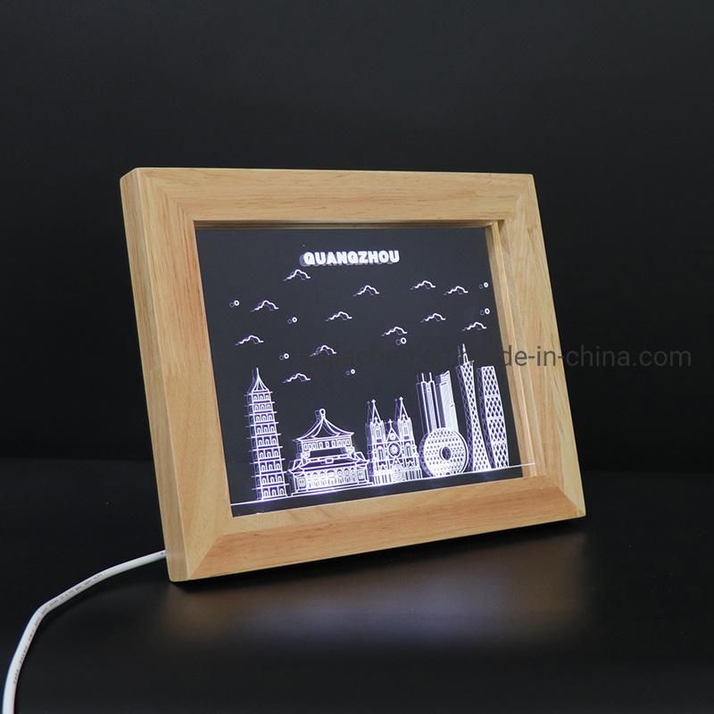 Hot Style Oak Wooden LED Photo Frame USB Charge 3D Acrylic Desk Table Lamp for Home Decoration