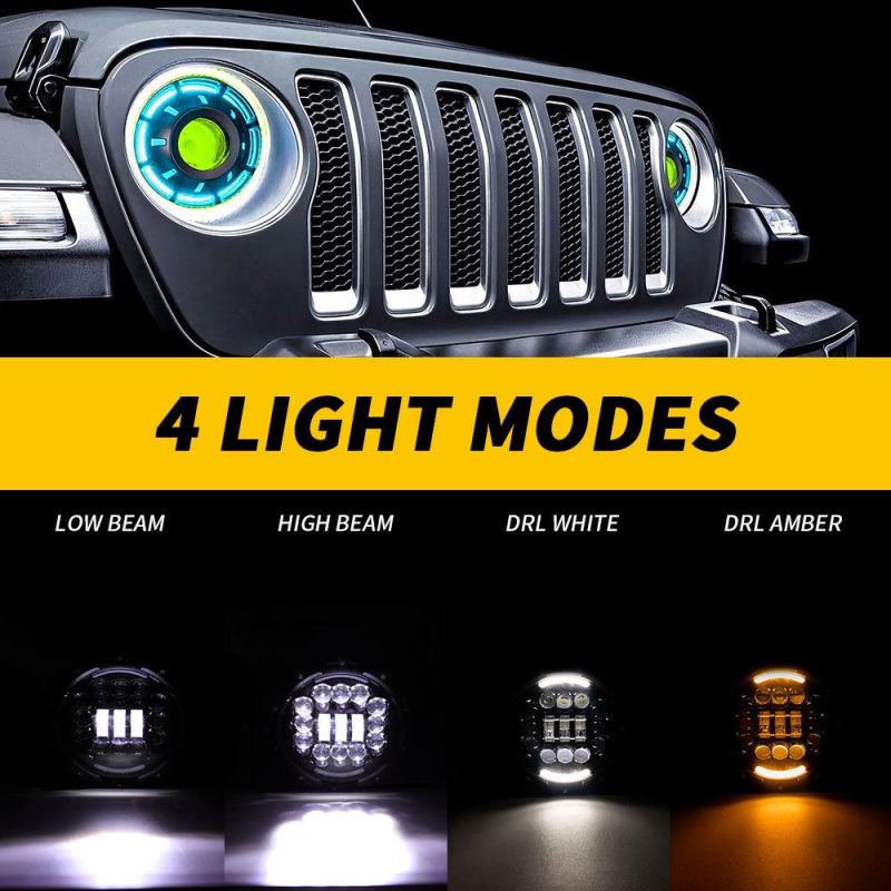 Dxz High Low Beam 15LED with Daytime Round 30W 9d Lens LED Driving Hi-Lo Beam Work Light with DRL Waterproof for Jeep Wrangler Lamp