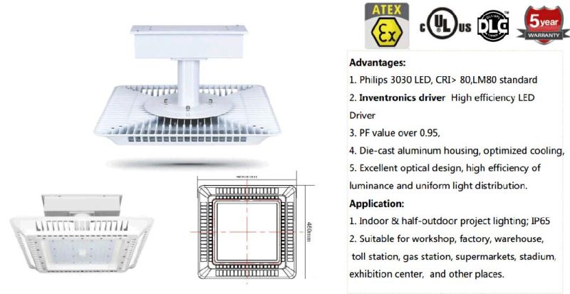 Aluminum IP65 120W LED Gas Station Light, LED Canopy Light, LED Explosion-Proof Light From Shenzhen with Atex Certificate