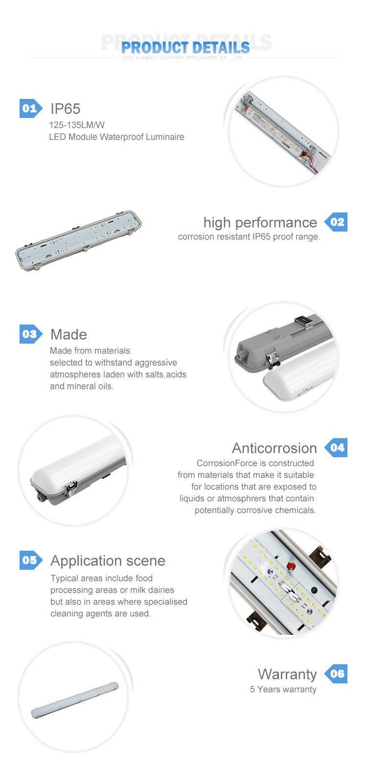 Non Corrosive IP65 Fittings, Waterproof Tri-Proof LED Industrial Lighting with 5 Years Warranty