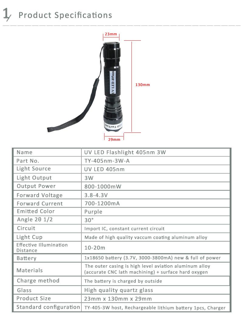 UV Light Flahslight Uses 405nm 3W