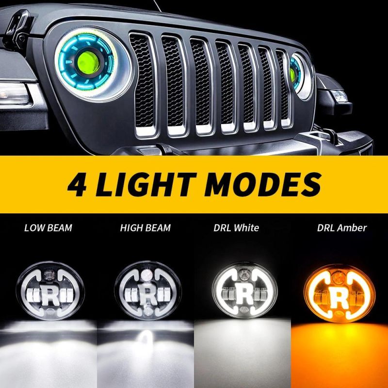 Dxz Waterproof Car Driving Front Light 60W Hi/Lo Offroad Auto Round LED Headlight for Jeep Wranlger with R Shape