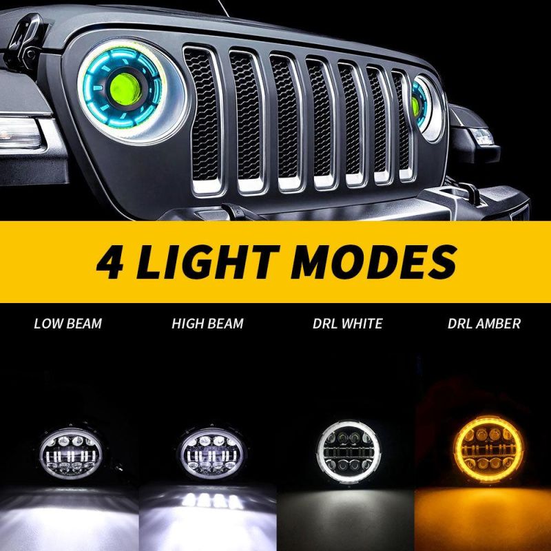 Dxz 16LED Thin Round with Aperture Super Bright 7 Inch High Low Beam DRL LED Headlight with Halo Ring for Jeep Wrangler Tj Jk
