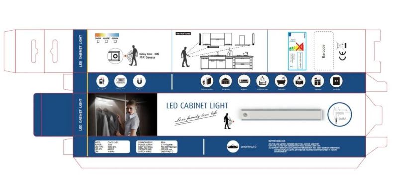 Ultrathin Rechargeable Magnetic 300mm PIR Sensor 30s Delay on/off/Auto Button Switch Cabinet Lighting