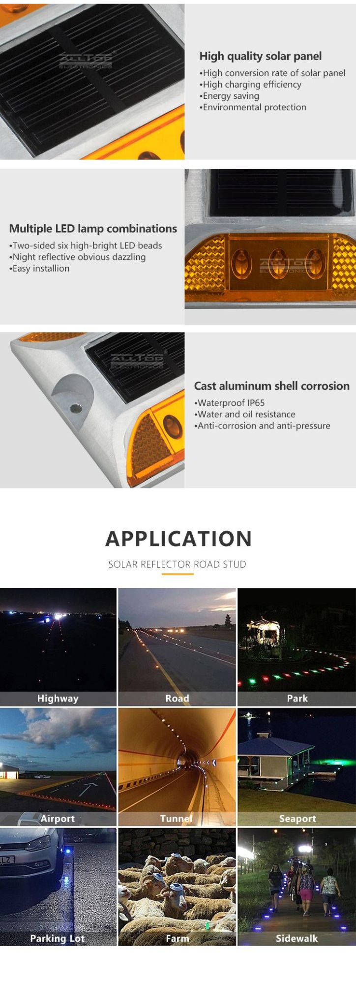 Alltop Hot Sale IP65 Waterproof Solar Charging Aluminum Outdoor Solar Road Stud LED Reflector