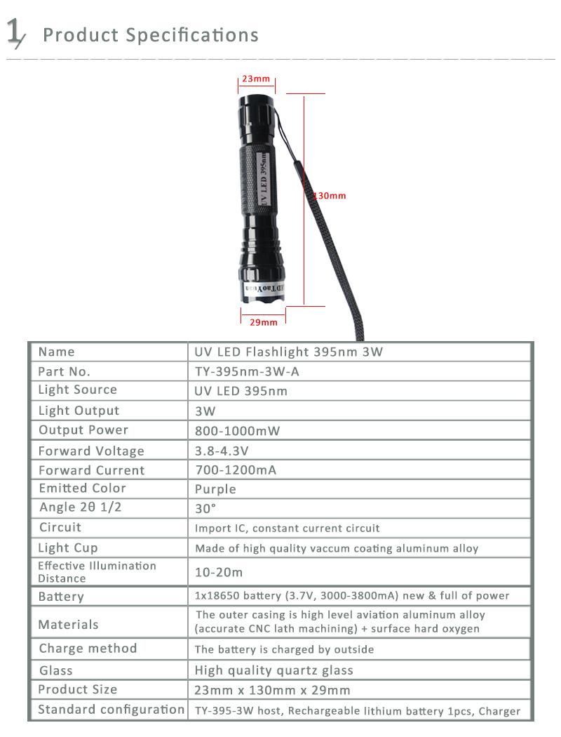 High Power LED Testing 3W UV Flashlight Ultraviolet Light Source