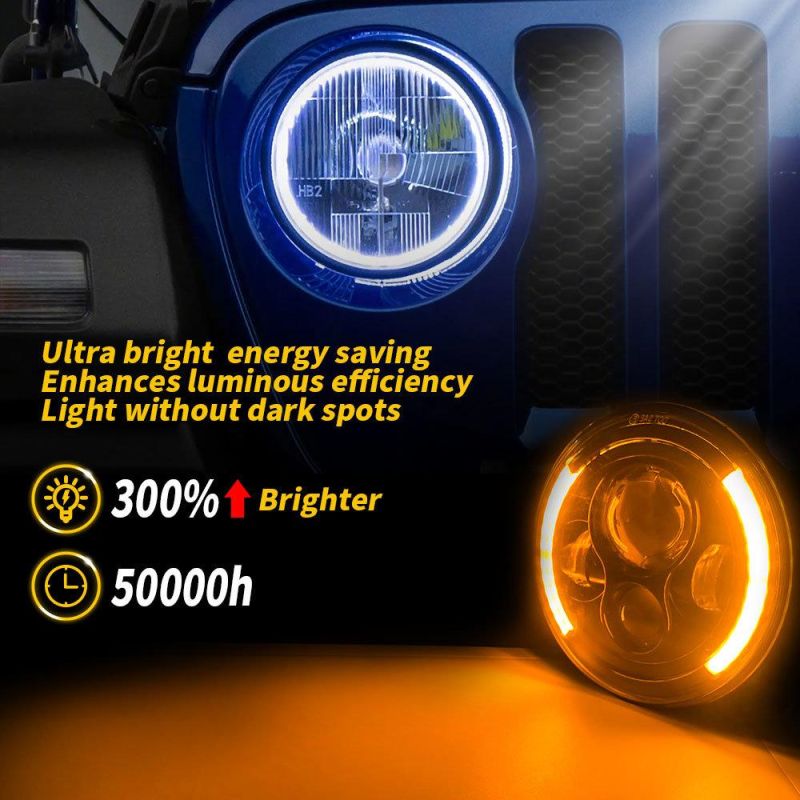 Dxz 7inch 6LED C Shape Thick Waterproof Hi/Low H4 H13 Light Halo Angle Eyes LED Headlamp for Jeep Lada