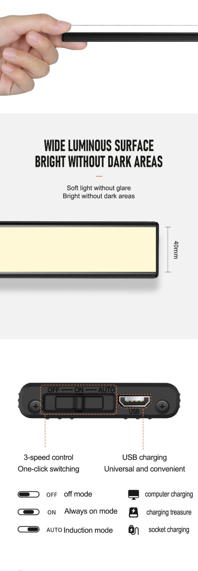 Ultra-Thin LED Cabinet Lights PIR Motion Sensor USB Rechargeable Black Aluminum Kitchen Cabinet Light Home Lighting