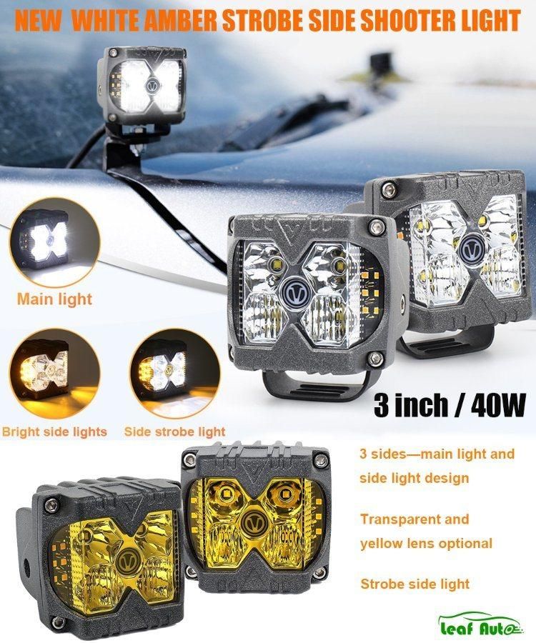 40W Side Shooter Strobe White&Amber Car Lamp for ATV SUV Truck off Road Luz LED Flashing 12V 3 Sides Driving Work Light