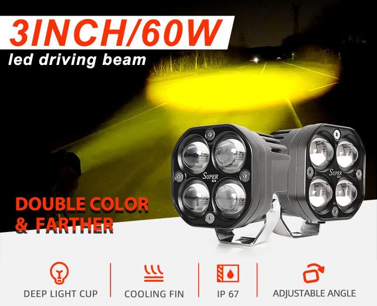 60W Spot Fog Pod Work Light Truck Car Vehicle Bumper White Yellow Dual Color Offroad 4X4 Auxiliary 3inch Mini LED Driving Light