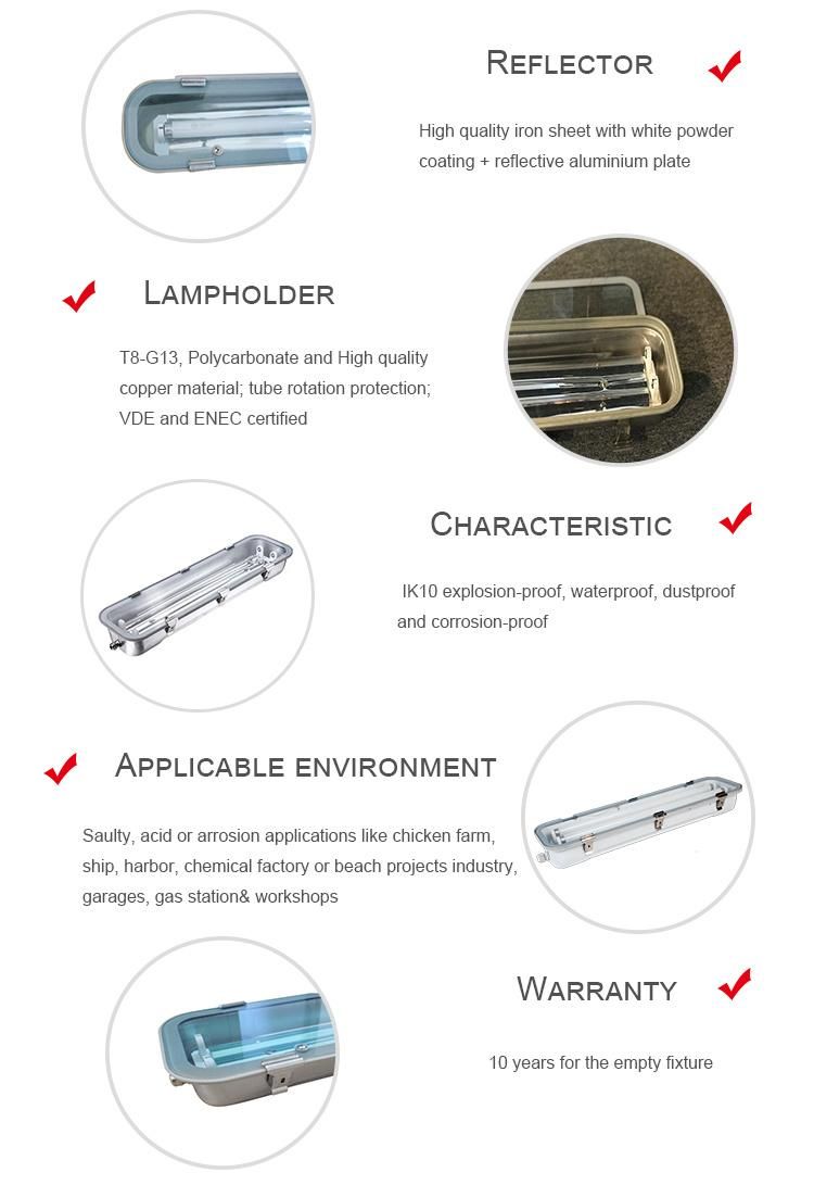 LED Triproof Light Stainless Steel Housing IP65 Single Double Fluorescent