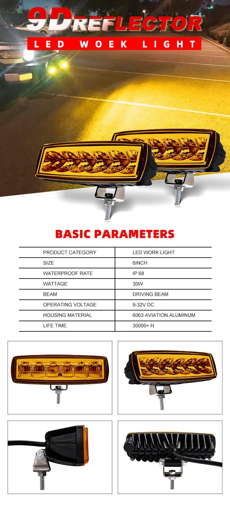 Super Bright 9d Car LED Lights, 6 Inch 30W 4X4 Auto off Road White Amber Slim LED Work Light Bar for Truck