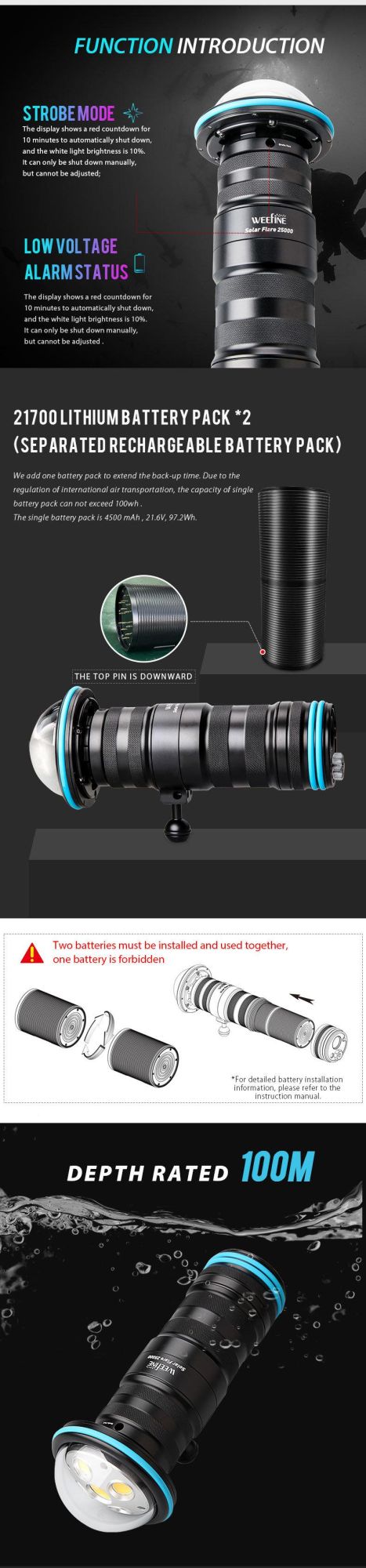 160 Degree Ultra Beam Angle Underwater Video Dive Light with Dual-Control Safety Exhaust Value