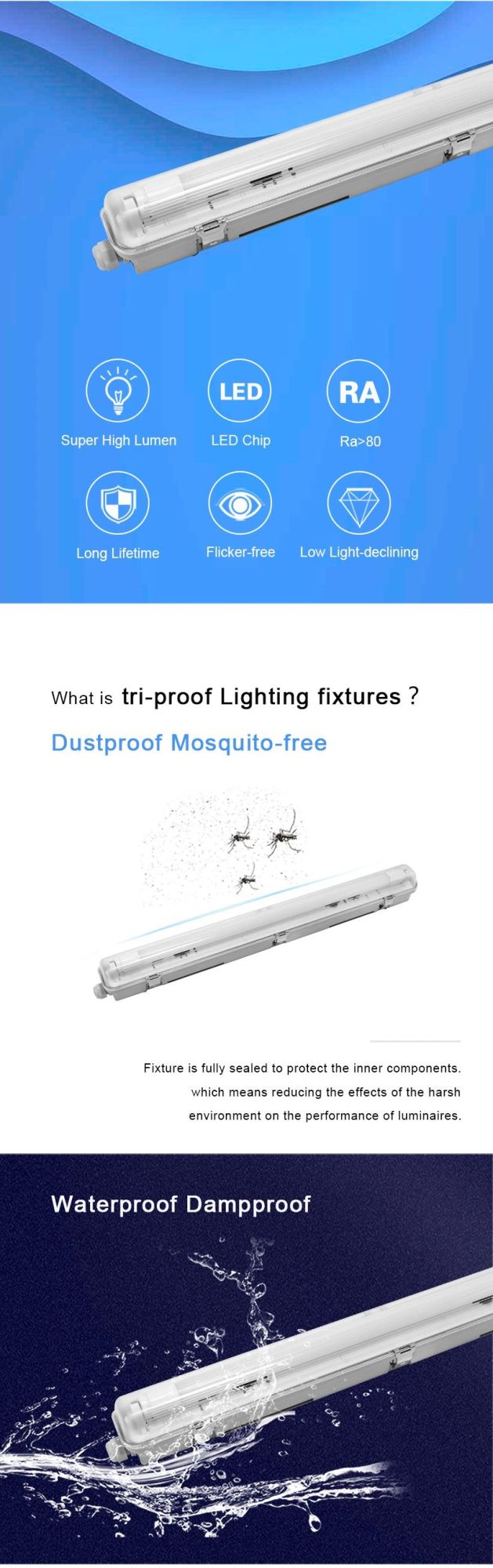 Economical IP65 Traditional Triproof Fixture Replacement for T8 LED Tubes 0.6m 1.2m 1.5m