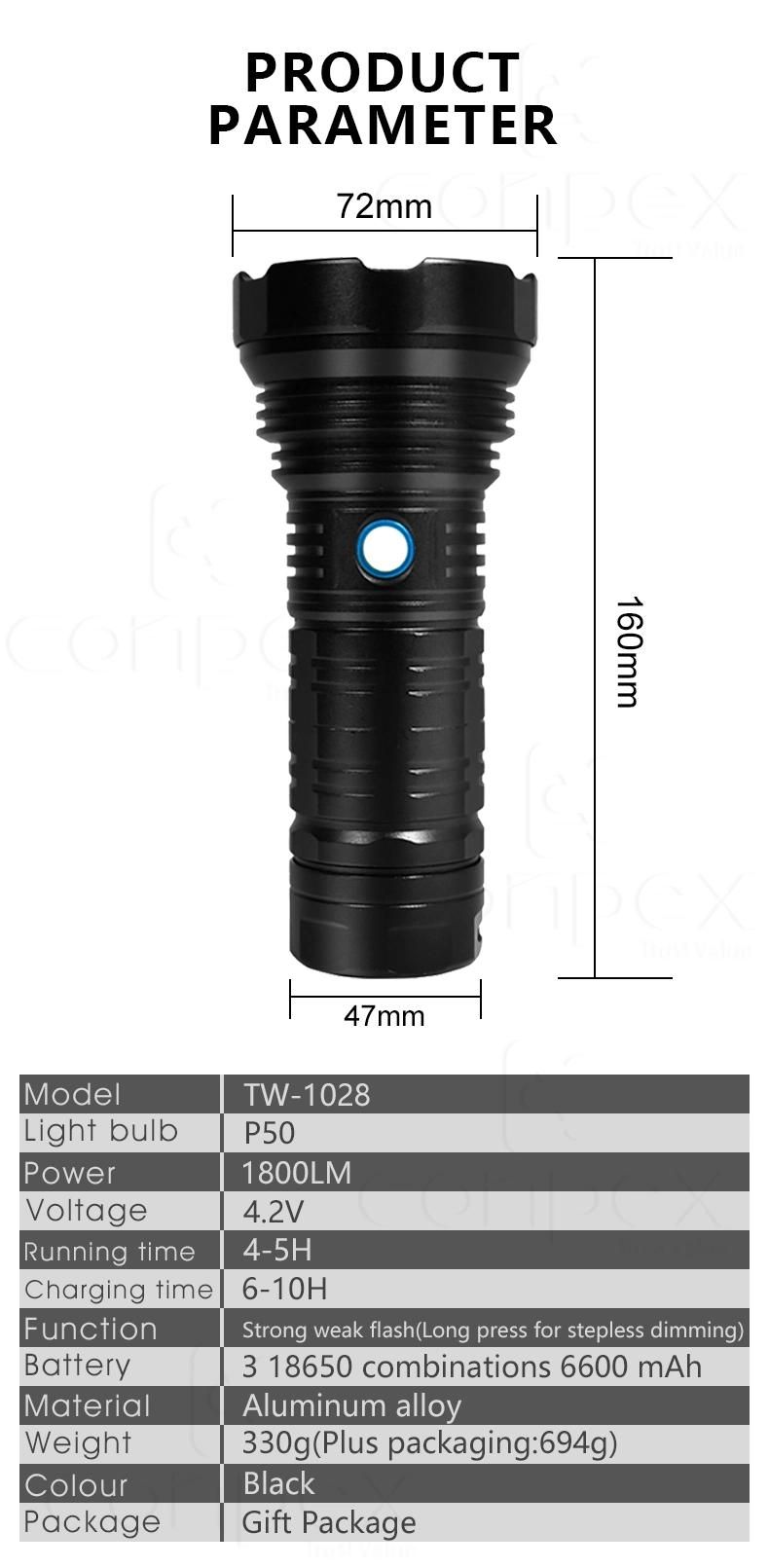 360 Light Portable Outdoor Emergency Lighting Black USB LED Rechargeable Flashlight